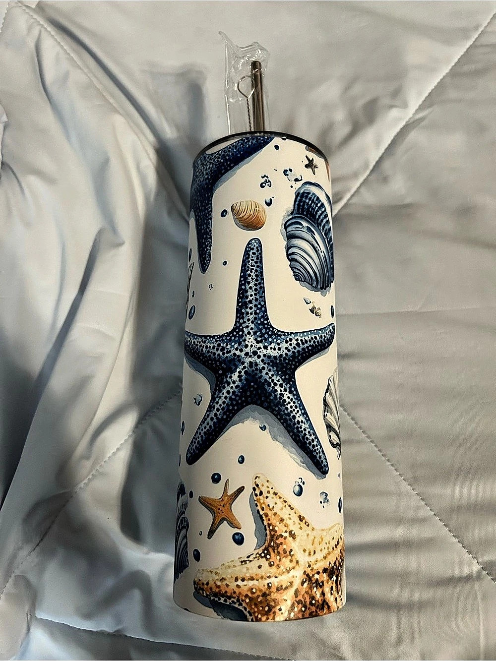 Seashell & Starfish Tumbler in White & Blue Glows In The Dark 20oz Tumble